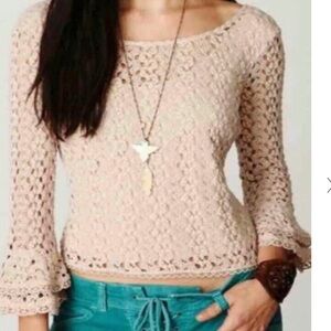 Free People Bell Sleeve Crochet Crop Top